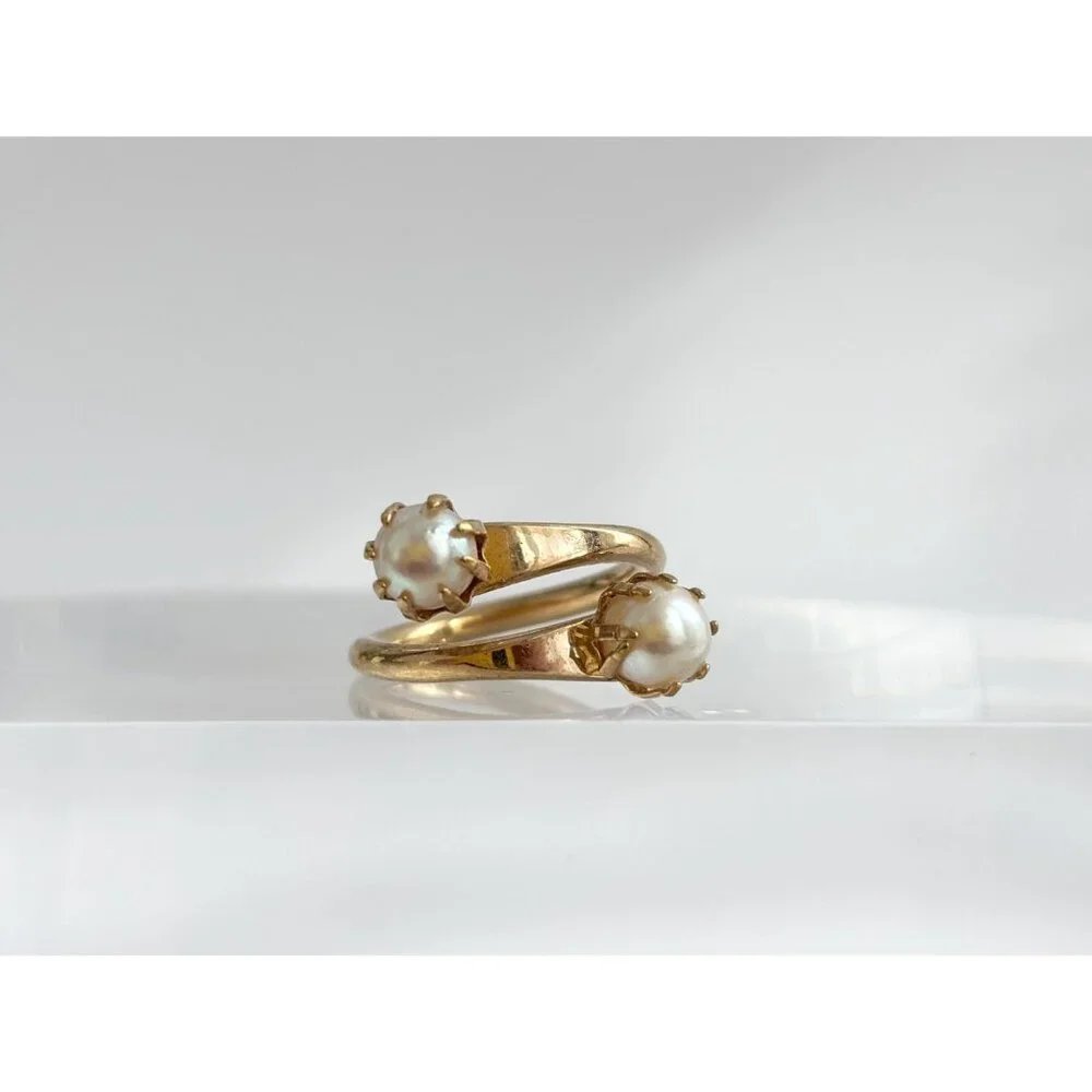 Faux Pearl Wrap Adjustable Gold Toned Costume Jewelry Vintage Ring - sz 4.25 - Picture 2 of 16